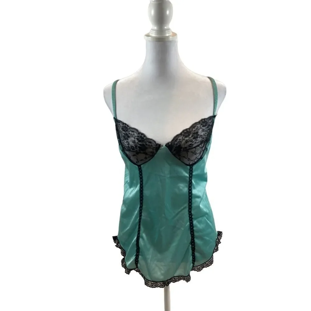 Vintage Nan Flower Blue and Black Two Piece Lingerie Set Camisole Panties Medium